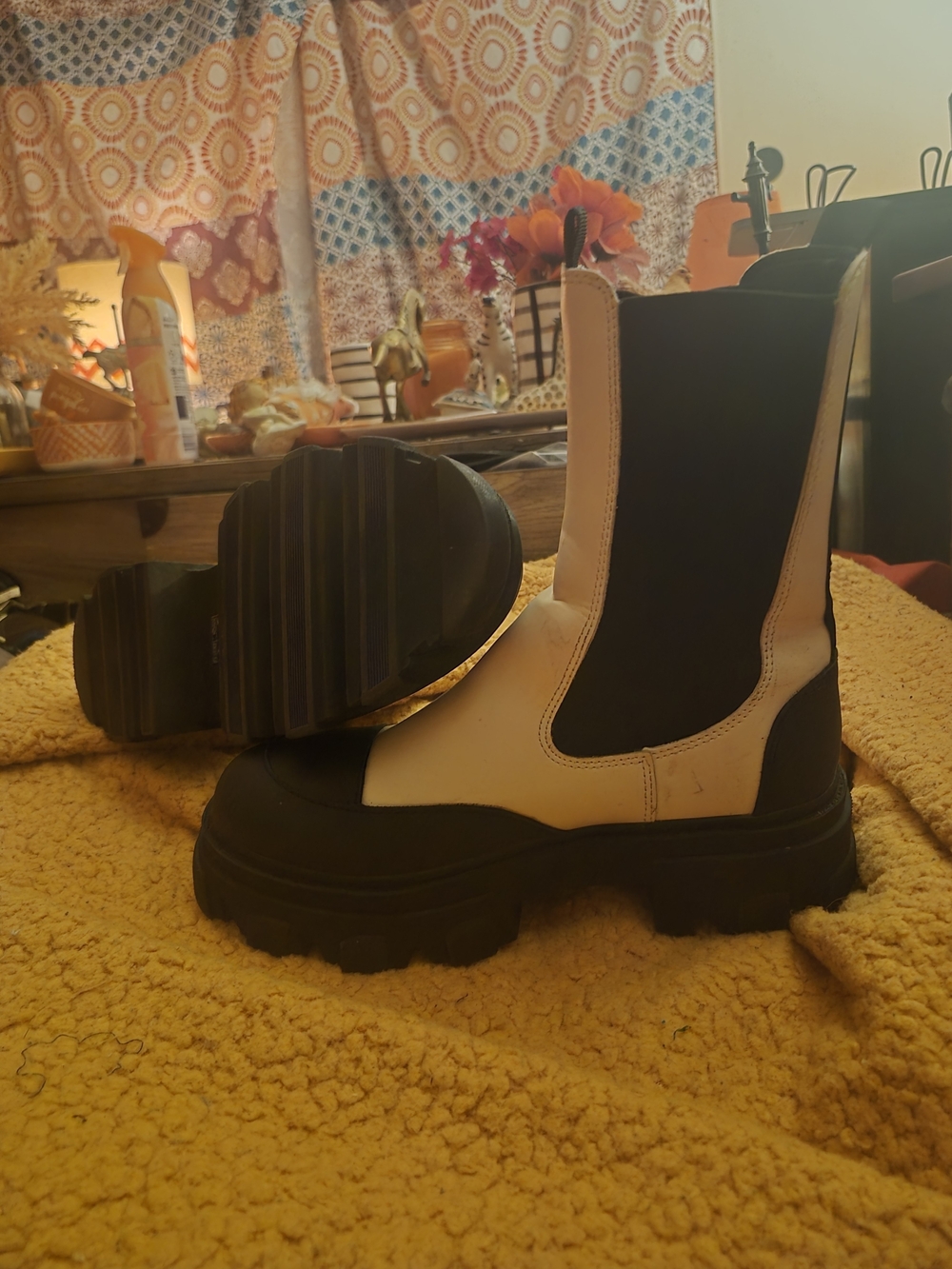 Chunky Chelsea Boots in Black and Cream - Women's